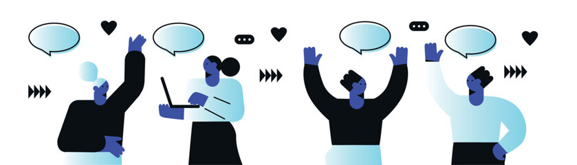 Business Marketing illustrations. Collection of scenes with men and women taking part in business activities. Team man and woman talk, discussion together. Vector modern flat illustration. 