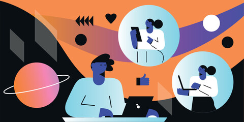 Business Marketing illustrations. Collection of scenes with men and women taking part in business activities. Team man and woman talk, discussion together. Vector modern flat illustration. 