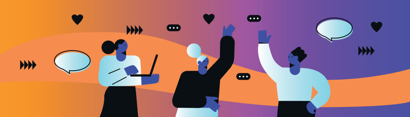 Business Marketing illustrations. Collection of scenes with men and women taking part in business activities. Team man and woman talk, discussion together. Vector modern flat illustration. 