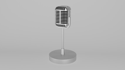 Fototapeta premium Retro microphone in silver color with stand or tripod isolated on white background. Vintage. Music concept. 3D render