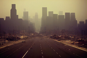 post-apocalyptic ruined city, dead wasteland. Destroyed buildings, destroyed roads, collapsed skyscrapers. apocalypse concept illustration as header wallpaper background