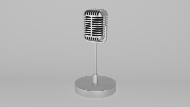 Retro microphone in silver color with stand or tripod isolated on white background. Vintage. Music concept. 3D render