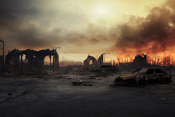Fototapeta na wymiar post-apocalyptic ruined city, dead wasteland. Destroyed buildings, destroyed roads, collapsed skyscrapers. apocalypse concept illustration as header wallpaper background