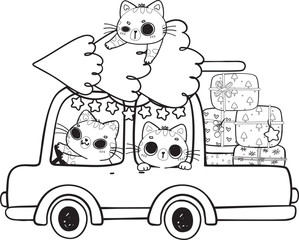 cute Christmas cat friend and snowman celebrate in car cartoon svg doodle outline hand drawn