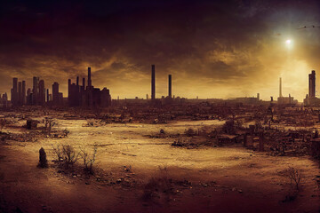 post-apocalyptic ruined city, dead wasteland. Destroyed buildings, destroyed roads, collapsed skyscrapers. apocalypse concept illustration as header wallpaper background - obrazy, fototapety, plakaty