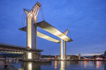 ROUEN, NORMANDY, FRANCE: Gustave Flaubert Bridge at dawn, fully raised