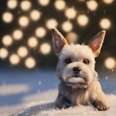 3d Render Adorable festive dog puppy sitting in front of a Christmas tree