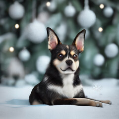 3d Render Adorable festive dog puppy sitting in front of a Christmas tree