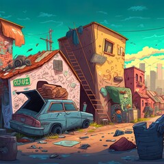 Poor dirty houses in ghetto area. 2d illustrated cartoon cityscape with slum buildings, shacks in cheap neighborhood. shantytown street with old houses, broken car and trash