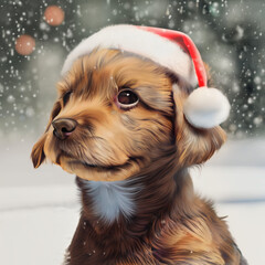 3d Render Adorable festive dog puppy sitting in front of a Christmas tree
