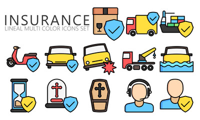 Insurance lineal multi color icons set, use for modern concept, UI or UX kit, web, digital banner and app. vector EPS 10 ready convert to SVG.