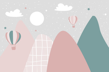 Vector hand drawn childish wallpaper with mountains, balloons and clouds. Modern 3D wallpaper for the children's room. Doodle style.