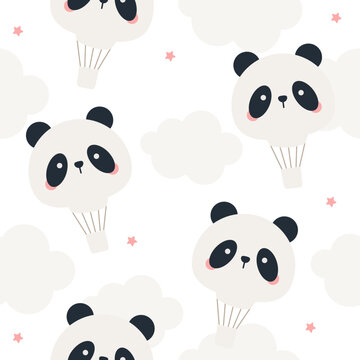 Vector hand drawn panda balloons with clouds. Seamless pattern. Children's wallpapers, textiles.