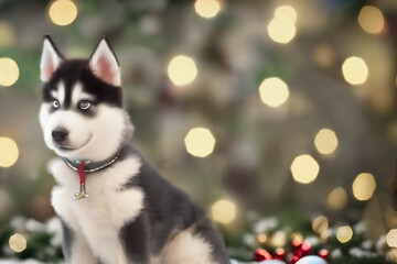 Animated Style Husky dog in front of a tree while is snowing