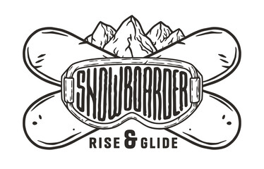 A winter extreme sport. Snowboarding and skiing equipment. Snow mountains. Printable print