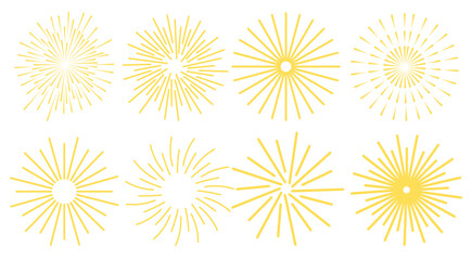 Fireworks golg bright set. Celebration fire firework christmas new year pyrotechnics firecracker, night festival, birthday party. Vintage sunburst bursting sun rays. Radial light beams salute sparks