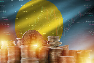 Palau flag and big amount of golden bitcoin coins and trading platform chart. Crypto currency