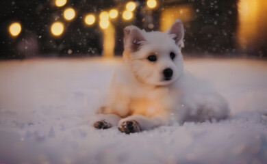 Photography of a cute dog sitting in front of a Christmas tree while is snowing