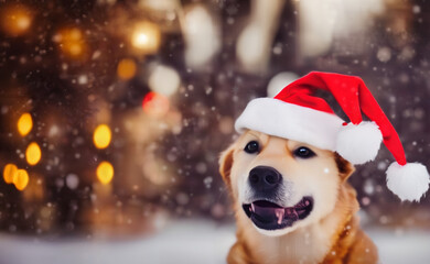 Photography of a cute dog with a Santa hat sitting in front of a Christmas tree while is snowing