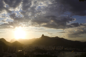 Helicopter at sunset with Christ the Redeemer in Rio de Janeiro in the background