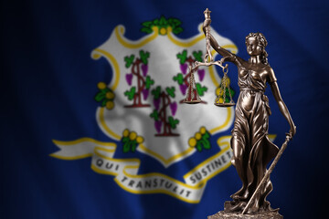 Connecticut US state flag with statue of lady justice and judicial scales in dark room. Concept of judgement and punishment - obrazy, fototapety, plakaty