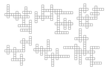 Obraz premium Crossword game grid vector puzzle template. Cross word layout for newspaper. Mind quiz with empty black squares, abstract brainteaser pattern with blank boxes. Riddle worksheet and boardgame quiz