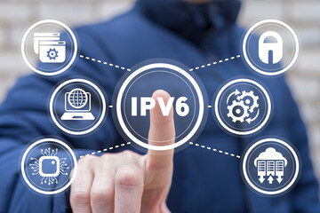 Programmer or system administrator using virtual touch screen presses abbreviation: IPV6. Business, technology, internet and network concept. New IPv6 internet protocol and networking technology.