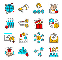 Color affiliate and referral program outline icons, marketing and business vector symbol. Refer friend or recommend customer and earn money, affiliate network and referral program linear icons