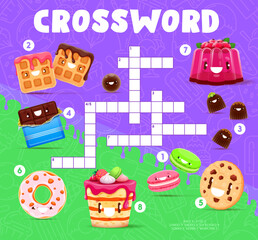 Crossword quiz grid. Cartoon sweets and dessert characters. Kids wordsearch game, crossword vector worksheet with funny waffle, chocolate bar and donut, cheesecake, maracon and cookie, jelly pudding