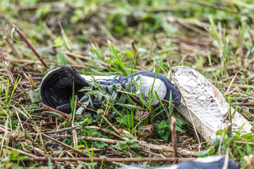 Pollution of the environment: Thrown away sneakers at a meadow outdoors
