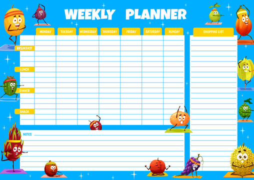 Weekly planner with cartoon fruits on yoga fitness. Diet menu week calendar, meals cooking daily schedule with melon, kiwi, lychee and nectarine, grape, durian, carambola funny characters on fitness