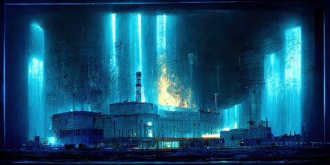 nuclear power station with blue cherenkov radiation as panoramic wallpaper background