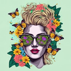 Woman face with sunglasses with flowers and butterflies in the hair