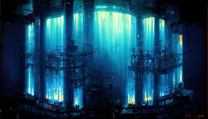 nuclear power station with blue cherenkov radiation as panoramic wallpaper background