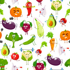 Cartoon vegetables on fitness sport, vector seamless pattern background. Funny vegetable characters, spinach muscleman and pumpkin with gym dumbbells, garlic boxing and cauliflower with barbell