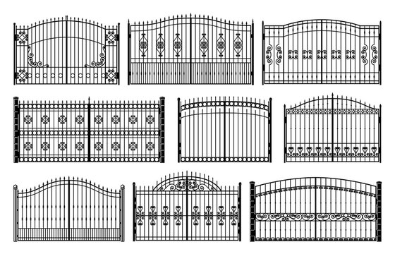 Mansion iron gates. Victorian steel fence, park or mansion metal retro entrance. Iron lattice, victorian manor forged gates with floral decor vector silhouettes collection
