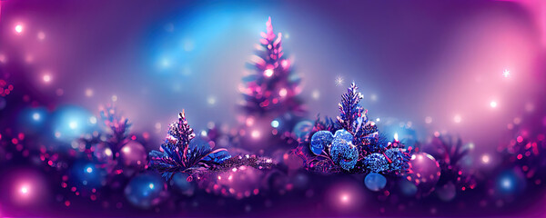 winter landscape decoration background, christmas tree and decorations as panoramic wallpaper header
