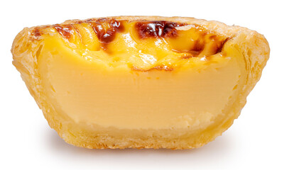 Freshly baked Egg tart on white background, Portuguese egg tart on white.