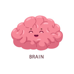 Cartoon brain human body organ character. Nervous system anatomy vector personage, cute and smart mind with happy smiling face. Healthcare, neurology medicine and education cartoon emoji
