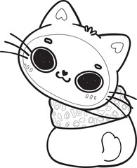 cute Christmas kitty cat in winter scarf and hat outline svg cartoon doodle hand drawn