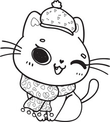 cute Christmas kitty cat in winter scarf and hat outline svg cartoon doodle hand drawn