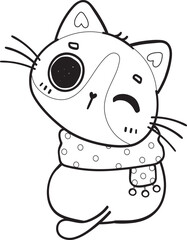 cute Christmas kitty cat in winter scarf and hat outline svg cartoon doodle hand drawn