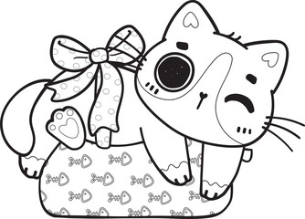 cute Christmas playful kitty cat play with present gift box outline svg cartoon doodle hand drawn