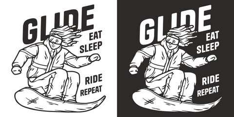 A snowboarder descends a snowy mountain. A winter extreme sport. Printable print about snowboarding