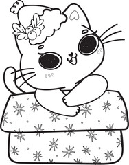 cute Christmas playful kitty cat play with present gift box outline svg cartoon doodle hand drawn