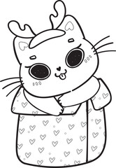 cute Christmas playful kitty cat play with present gift box outline svg cartoon doodle hand drawn