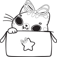 cute Christmas playful kitty cat play with present gift box outline svg cartoon doodle hand drawn