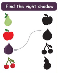 find the right shadow. Educational game for children. Find the right shadow. Kids activity with cartoon fruits.
