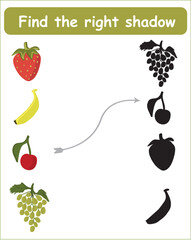 find the right shadow. Educational game for children. Find the right shadow. Kids activity with cartoon fruits.
