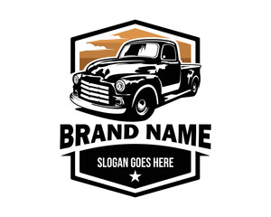 old truck logo featured with eye catching sunset view isolated on white background. Best for badge, emblem, icon and sticker design.